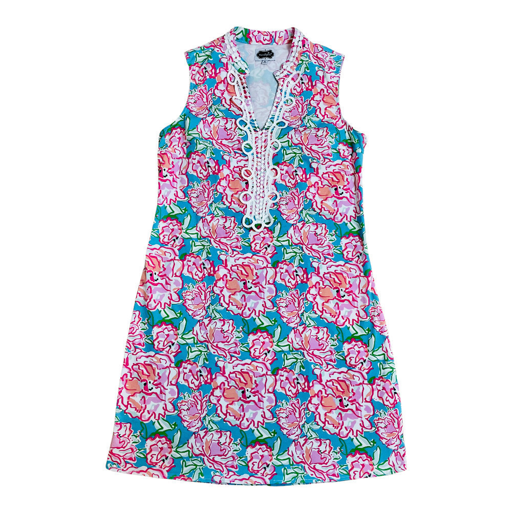 🍀 MUDPIE sleeveless crochet trim notch neck floral shift dress womens size small